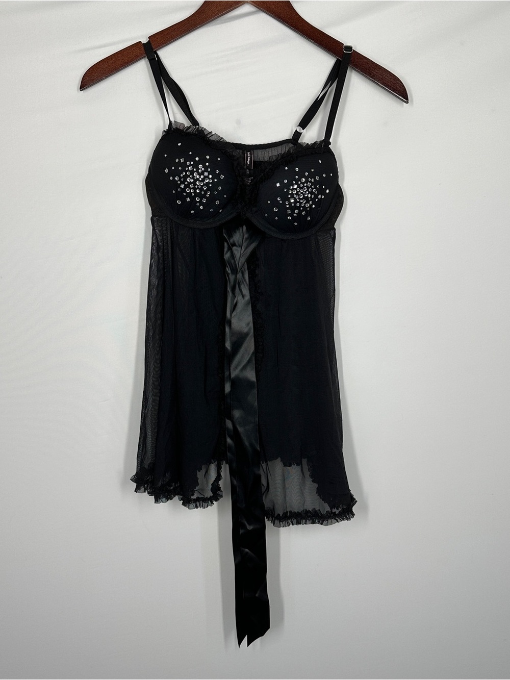 Victoria's Secret Black Rhinestone Mesh Babydoll Chemise with Satin Sash